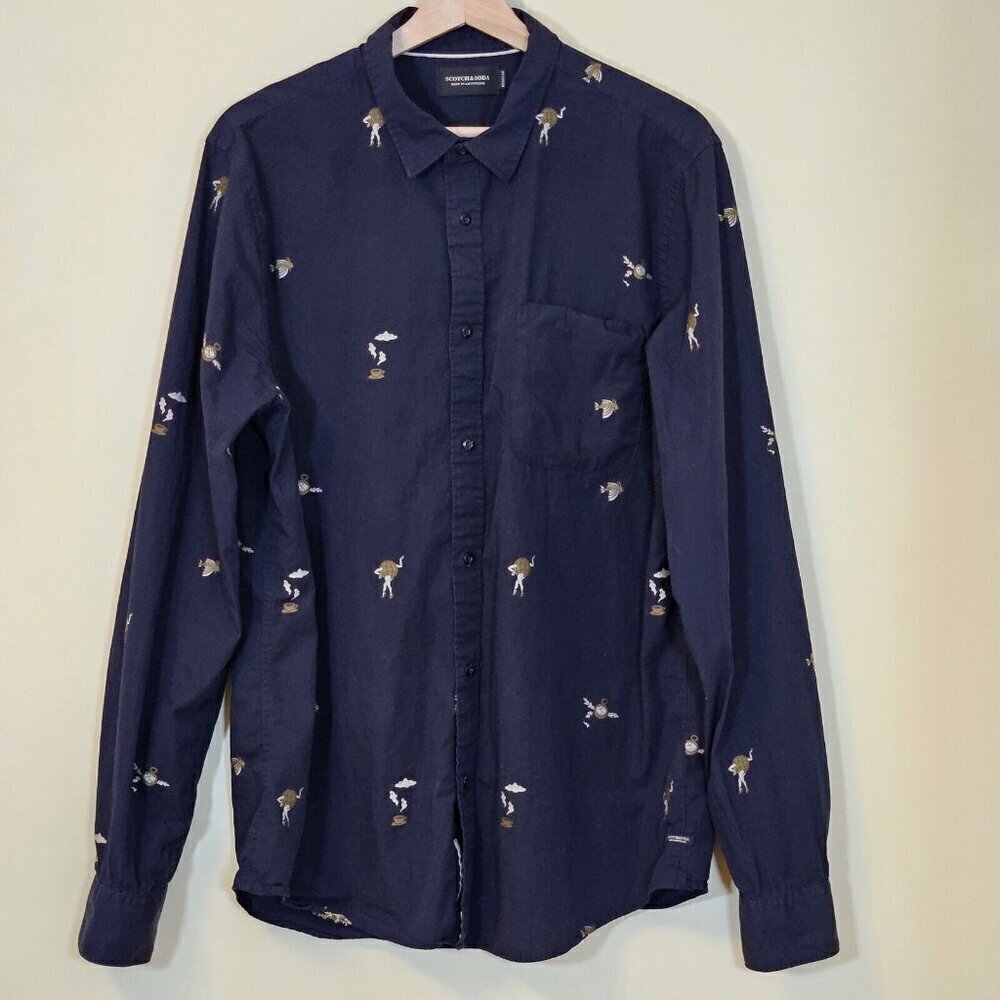Scotch & Soda Shirt Men XL Navy LS Button Up Abstract Embroidery Boho Pocket